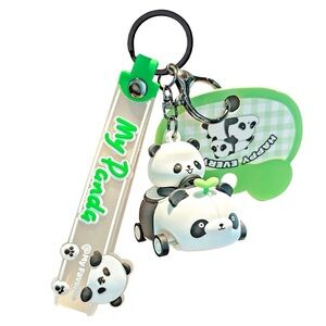 Cute Panda in a car Keychain with Green Accents